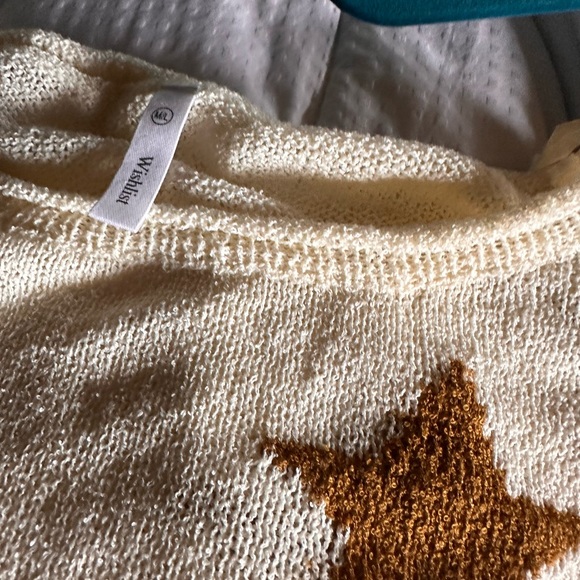 Wishlist M/L hacci loose knit  crewneck sweater. Ivory with mustard brown stars. - Picture 3 of 12